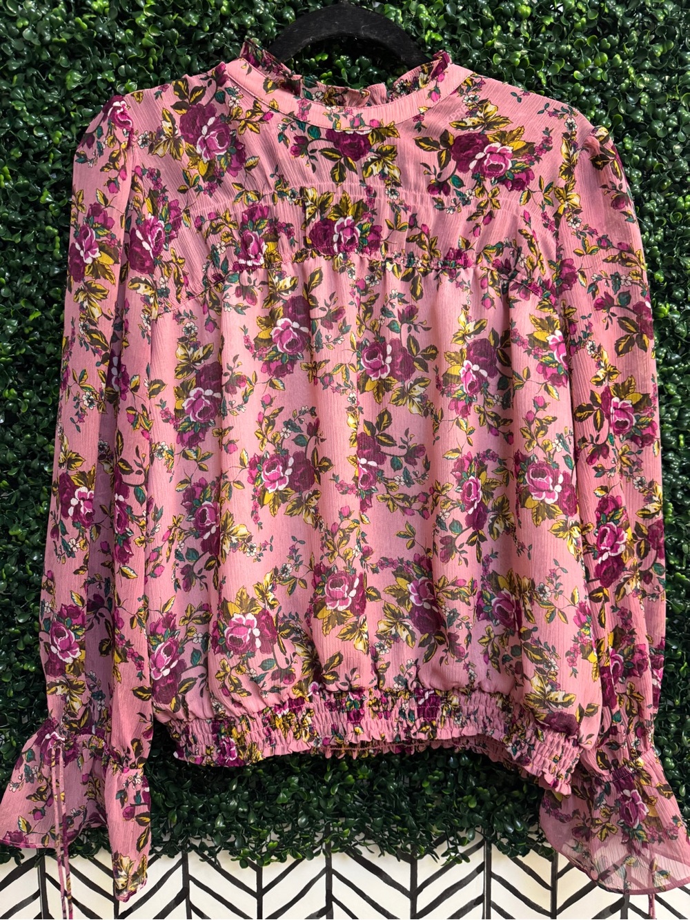Express Floral Smocked Waist Pink Blouse